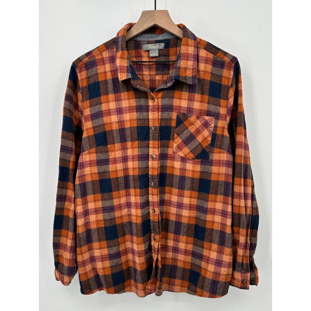 Natural Reflections Flannel Shirt Men XXL Orange Blue Plaid Button Up Pocket